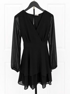 Black Japna Long-Sleeve V-Neck Layered Dress
